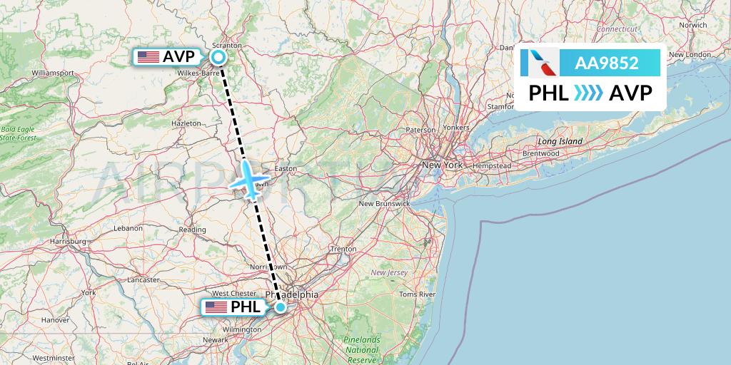 AA9852 American Airlines Flight Map: Philadelphia to Avoca