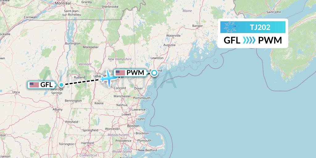 TJ202 Tradewind Aviation Flight Map: Glens Falls to Portland