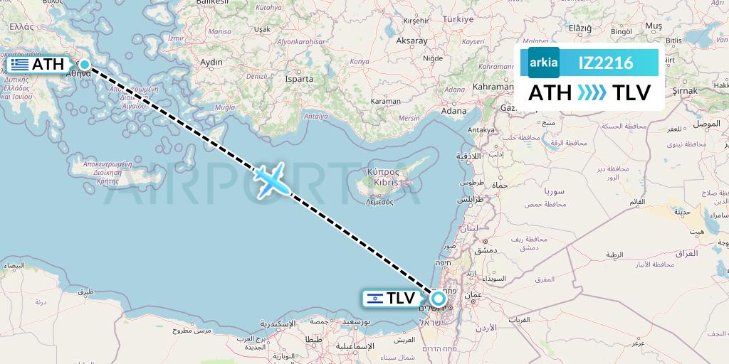 IZ2216 Arkia Israeli Airlines Flight Map: Athens to Tel Aviv