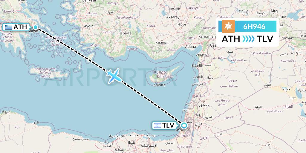 6H946 Israir Airlines Flight Map: Athens to Tel Aviv