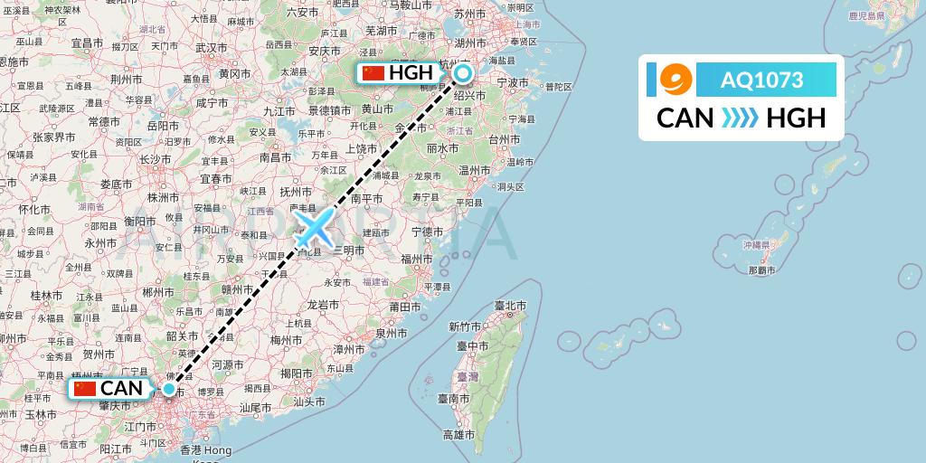 AQ1073 9 Air Flight Map: Guangzhou to Hangzhou