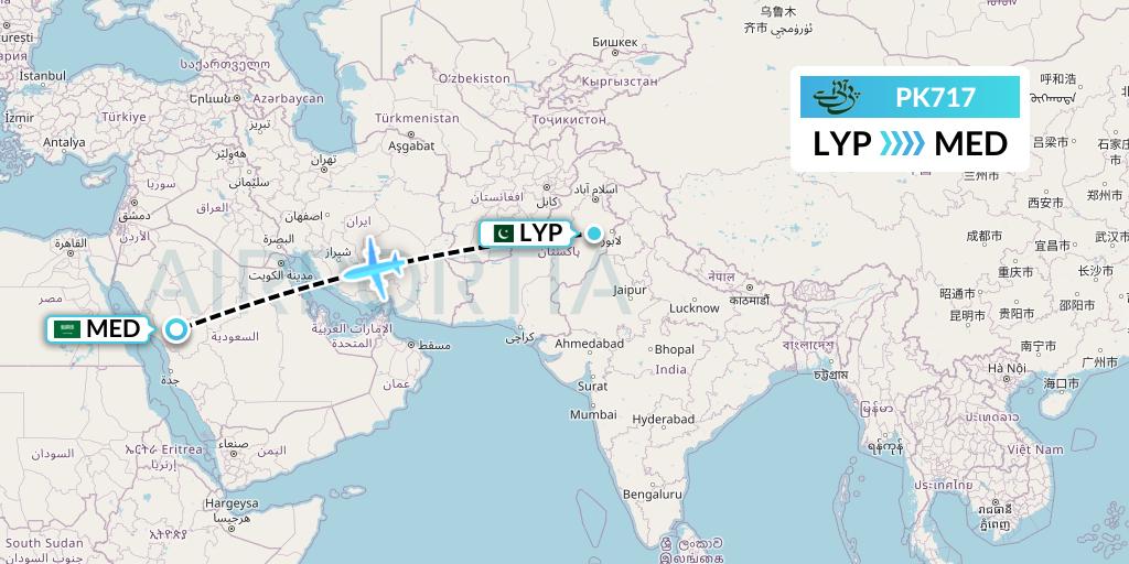 PK717 Pakistan International Airlines Flight Map: Faisalabad to Medina