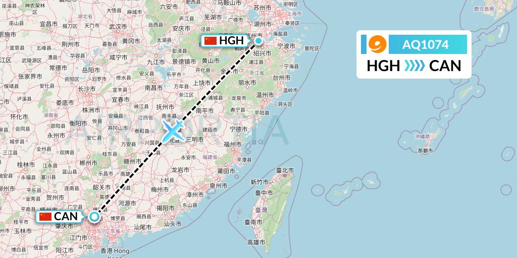 AQ1074 9 Air Flight Map: Hangzhou to Guangzhou