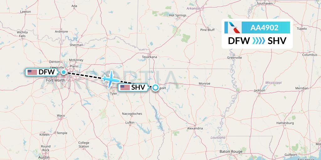 AA4902 American Airlines Flight Map: Dallas to Shreveport