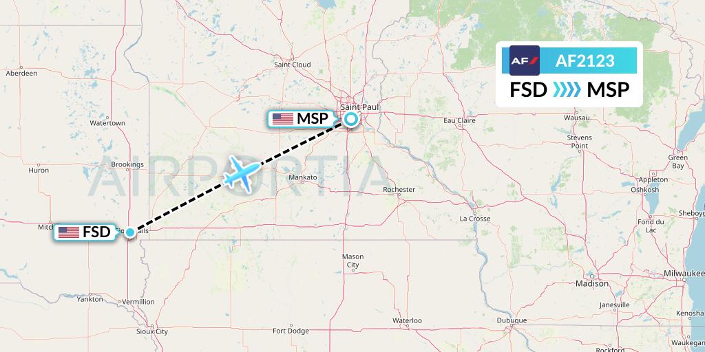 AF2123 Air France Flight Map: Sioux Falls to Minneapolis