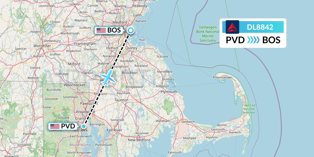 DL8842 Delta Air Lines Flight Map: Providence to Boston