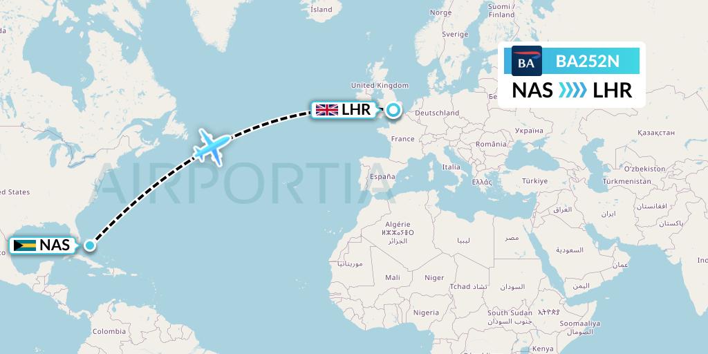 BA252N British Airways Flight Map: Nassau to London