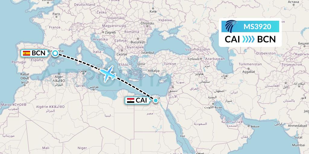 MS3920 EgyptAir Flight Map: Cairo to Barcelona