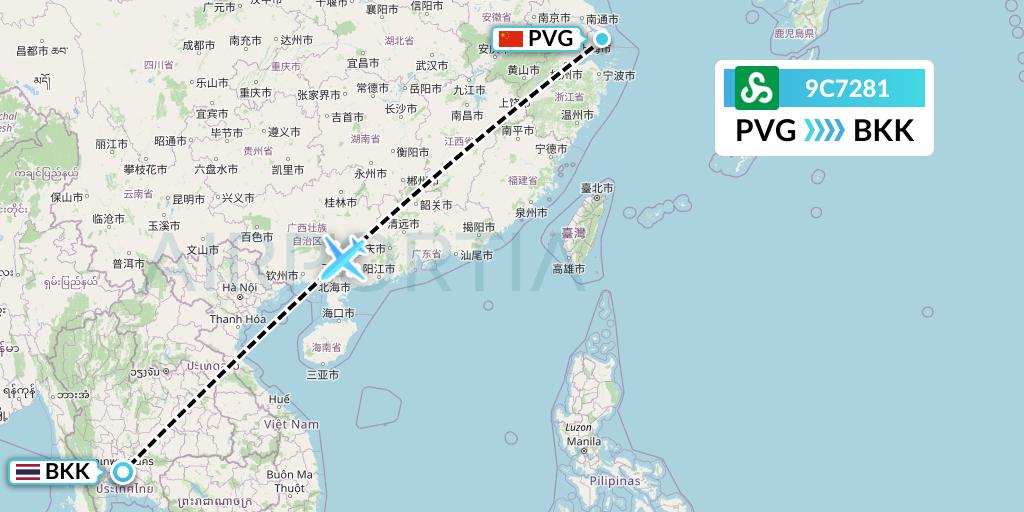 9C7281 Spring Airlines Flight Map: Shanghai to Bangkok