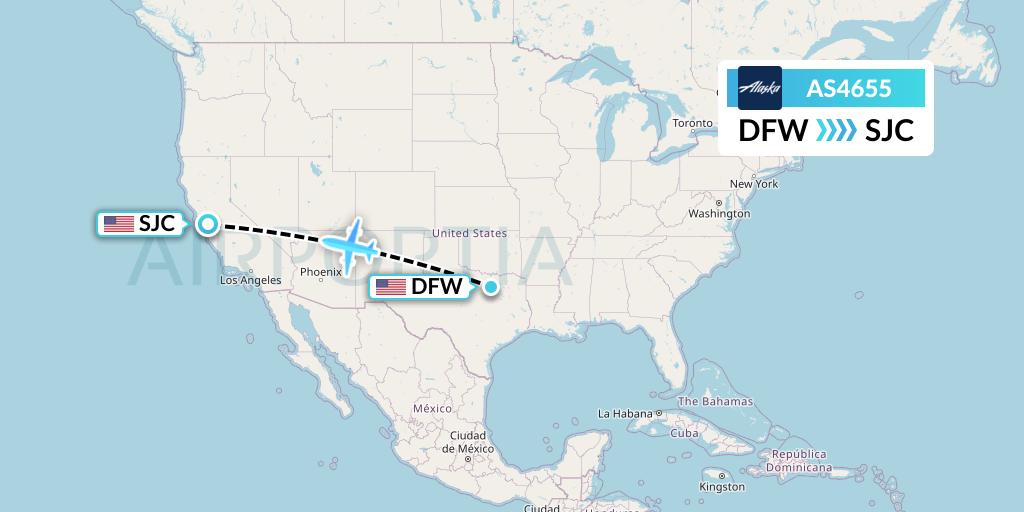 AS4655 Alaska Airlines Flight Map: Dallas to San Jose