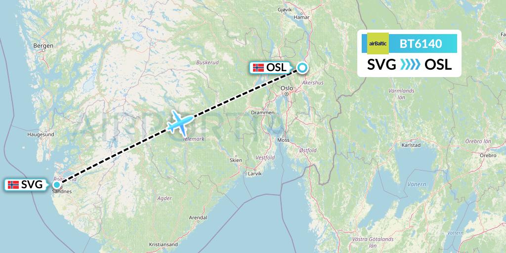 BT6140 Air Baltic Flight Map: Stavanger to Oslo