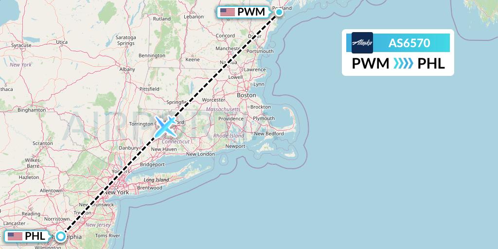 AS6570 Alaska Airlines Flight Map: Portland to Philadelphia