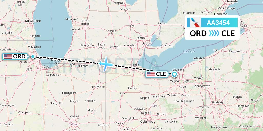 AA3454 American Airlines Flight Map: Chicago to Cleveland