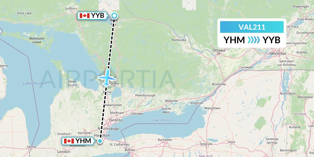 VAL211 Voyageur Airlines Flight Map: Hamilton to North Bay