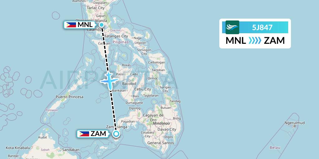 5J847 CEBU Pacific Air Flight Map: Manila to Zamboanga