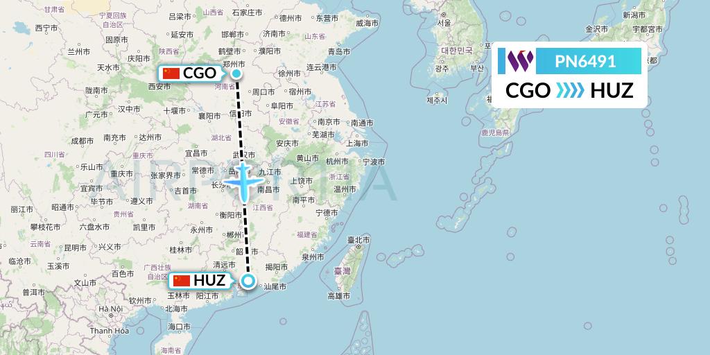 PN6491 China West Air Flight Map: Zhengzhou to Huizhou