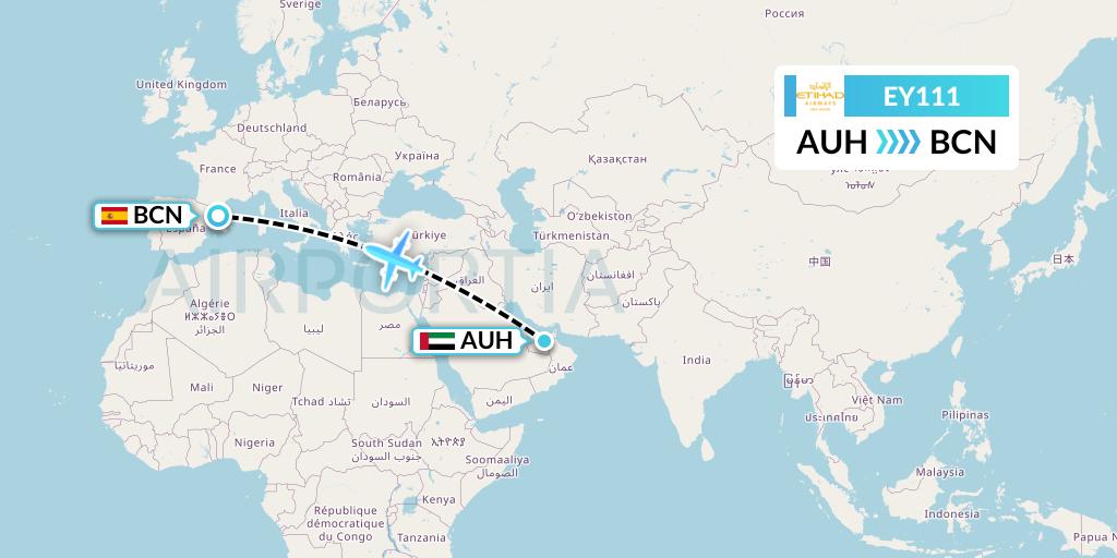 EY111 Etihad Airways Flight Map: Abu Dhabi to Barcelona