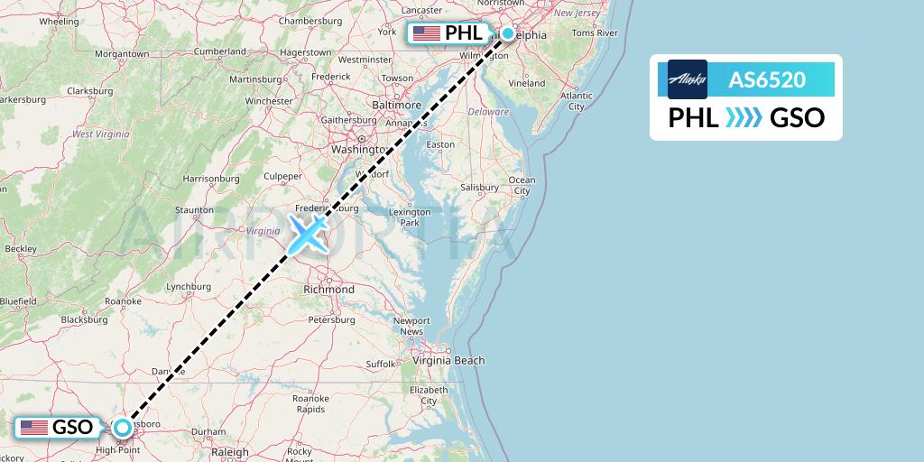 AS6520 Alaska Airlines Flight Map: Philadelphia to Greensboro