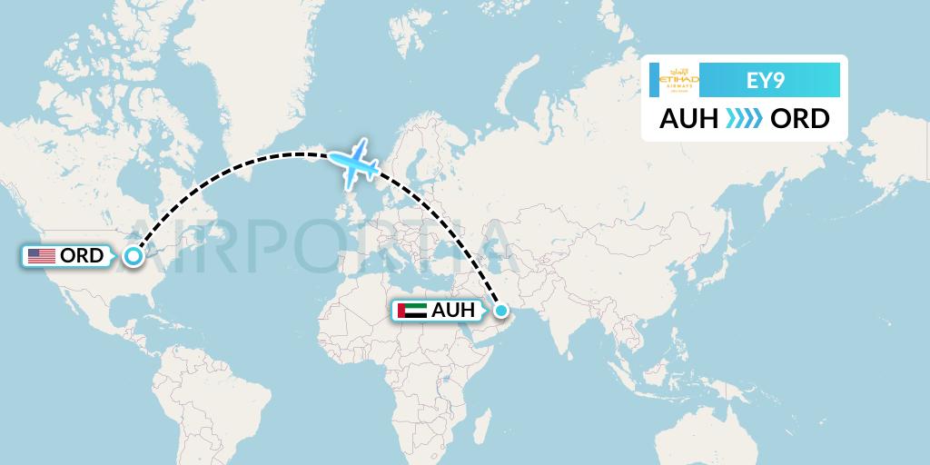 EY9 Etihad Airways Flight Map: Abu Dhabi to Chicago