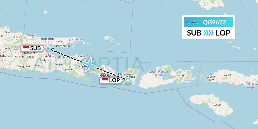 QG9672 Citilink Flight Map: Surabaya to Lombok