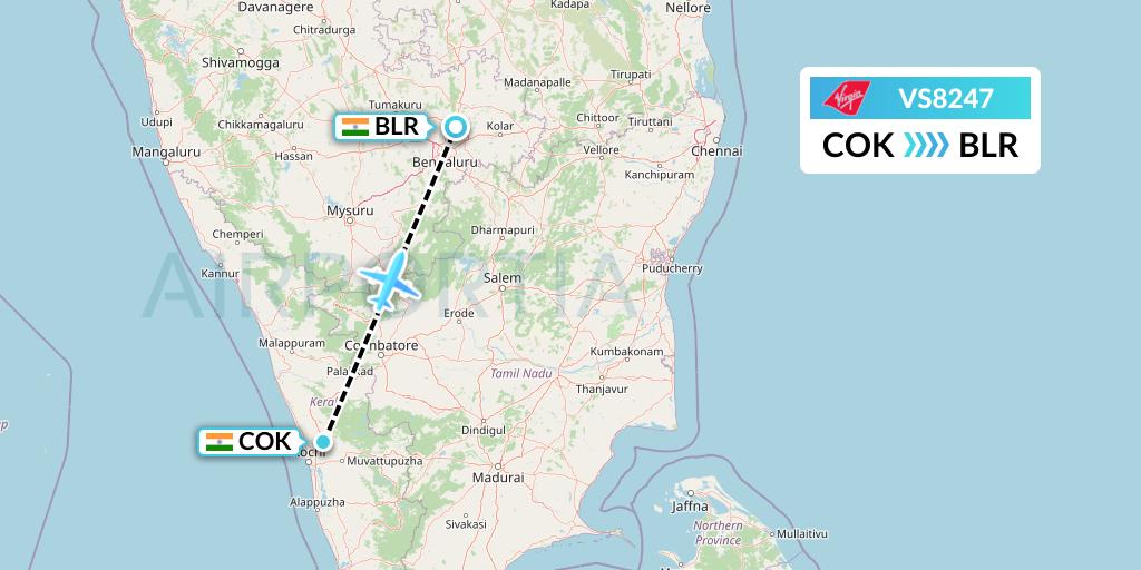 VS8247 Virgin Atlantic Airways Flight Map: Cochin to Bangalore