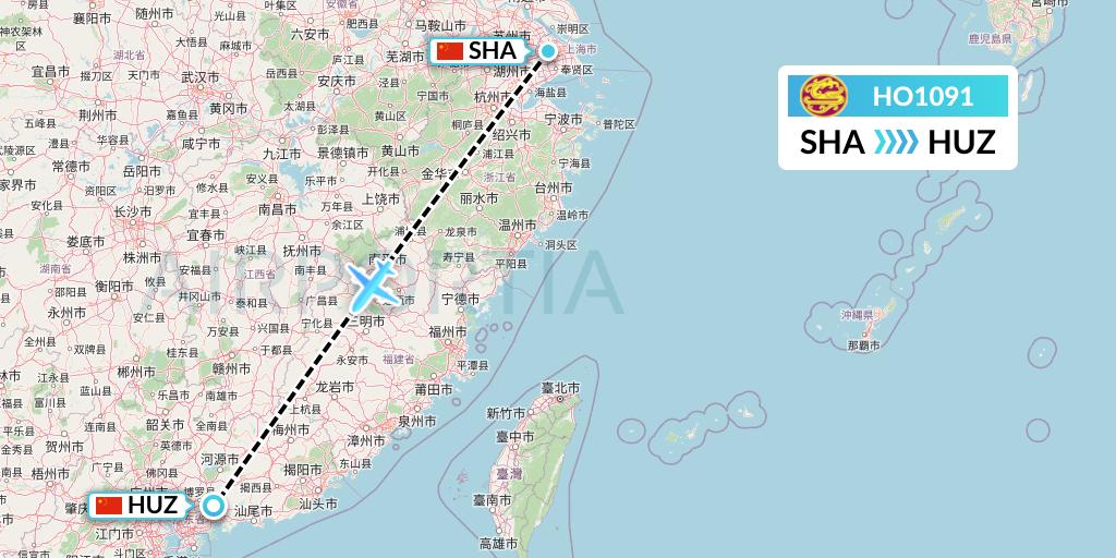 HO1091 Juneyao Airlines Flight Map: Shanghai to Huizhou