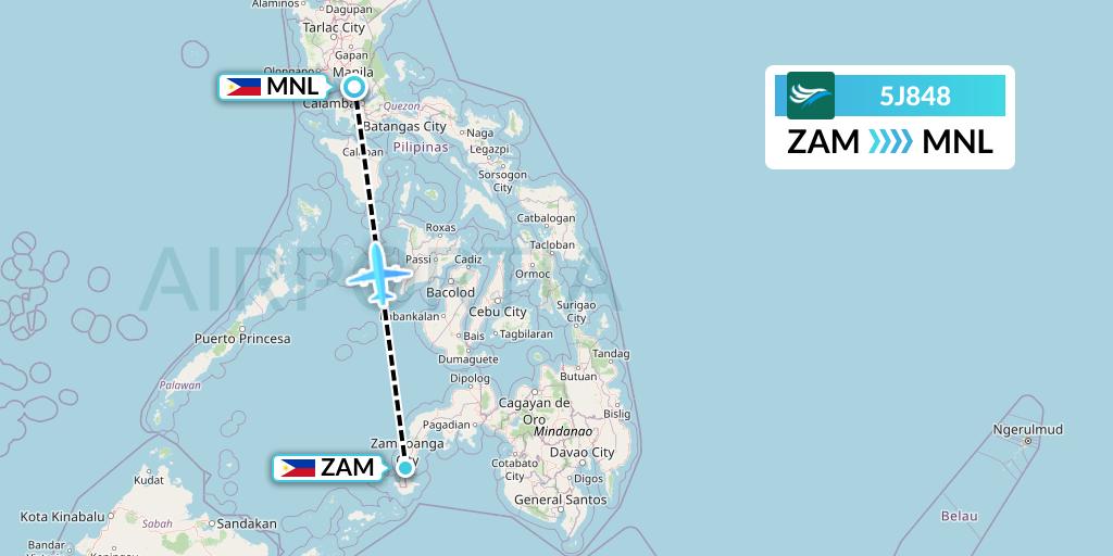 5J848 CEBU Pacific Air Flight Map: Zamboanga to Manila