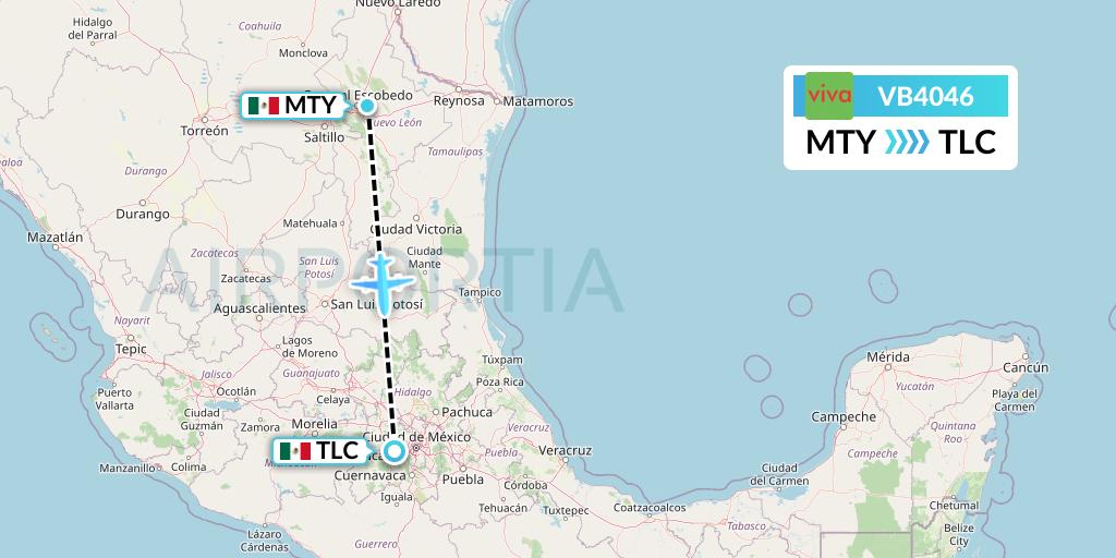 VB4046 VivaAerobus Flight Map: Monterrey to Mexico City