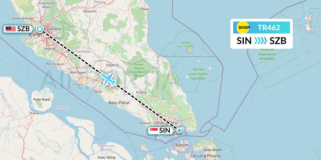 TR462 Tigerair Flight Map: Singapore to Kuala Lumpur