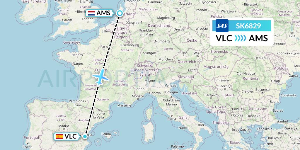 SK6829 SAS Flight Map: Valencia to Amsterdam