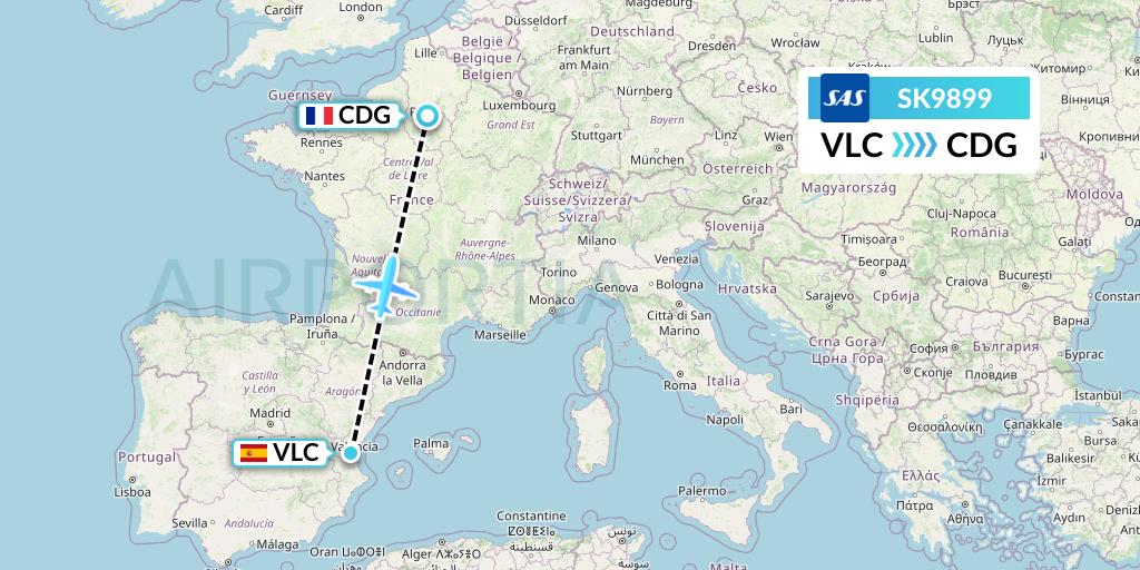 SK9899 SAS Flight Map: Valencia to Paris