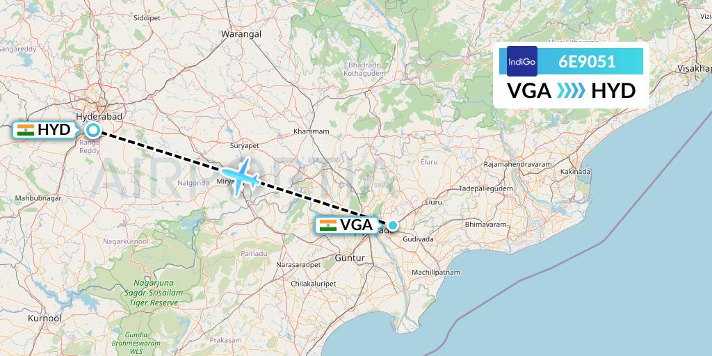 6E9051 IndiGo Airlines Flight Map: Vijayawada to Hyderabad