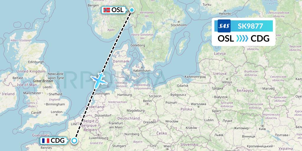 SK9877 SAS Flight Map: Oslo to Paris