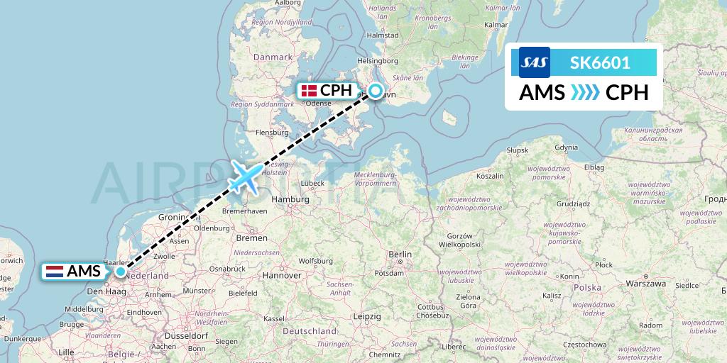 SK6601 SAS Flight Map: Amsterdam to Copenhagen