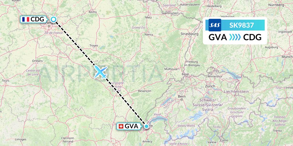 SK9837 SAS Flight Map: Geneva to Paris