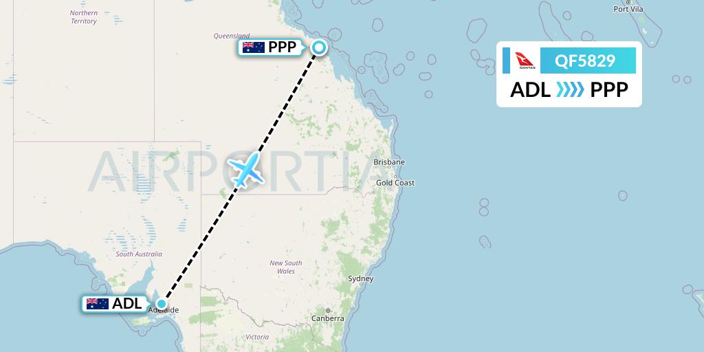 QF5829 Qantas Flight Map: Adelaide to Proserpine