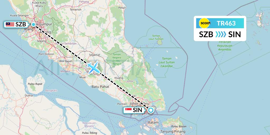 TR463 Tigerair Flight Map: Kuala Lumpur to Singapore