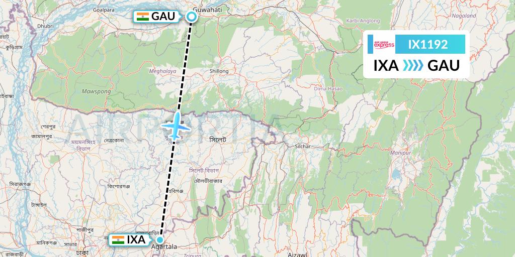 IX1192 Air India Express Flight Map: Agartala to Guwahati