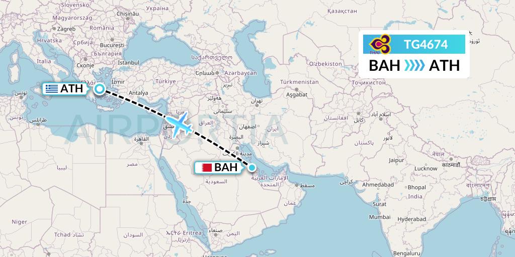 TG4674 Thai Airways Flight Map: Bahrain to Athens