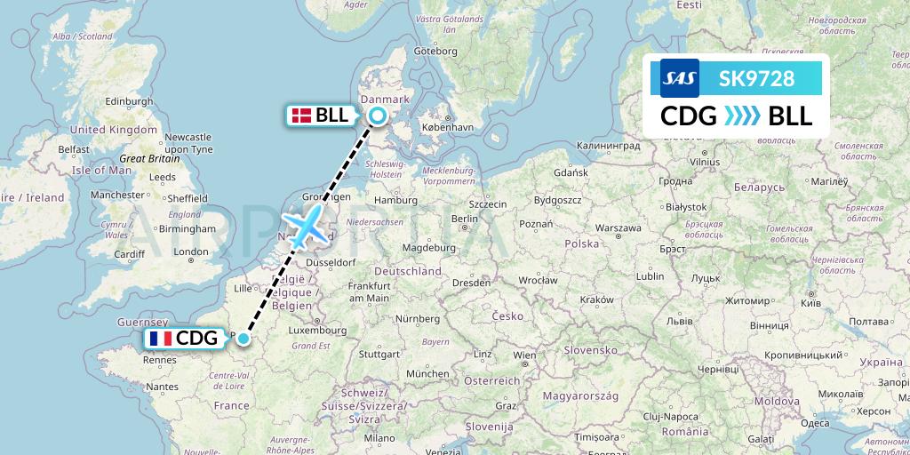 SK9728 SAS Flight Map: Paris to Billund