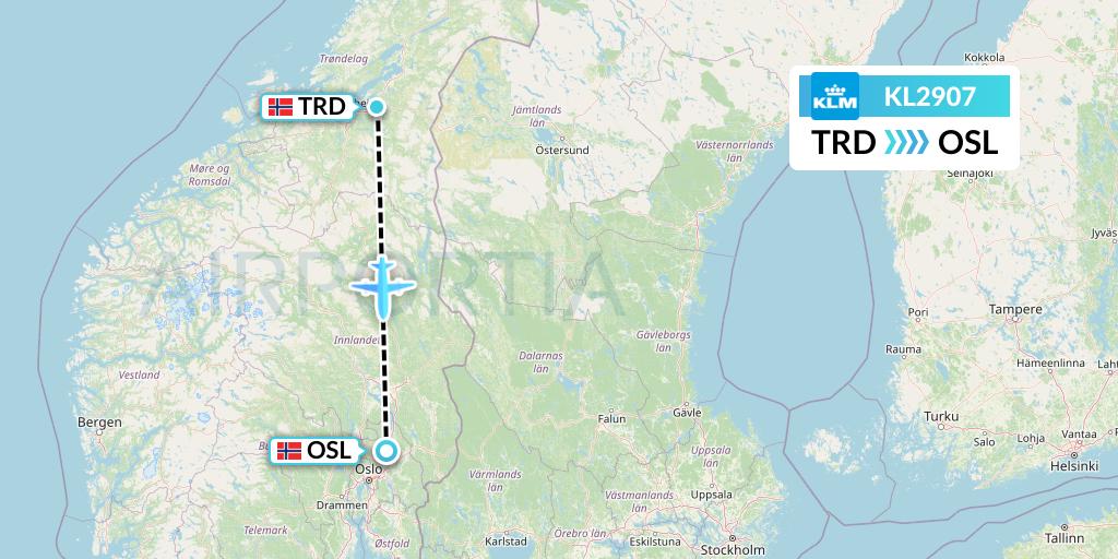 KL2907 KLM Flight Map: Trondheim to Oslo
