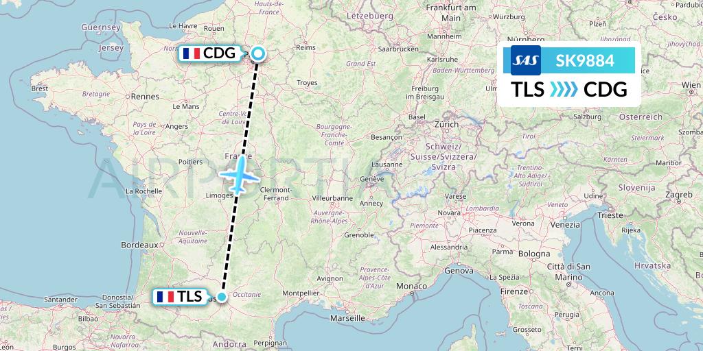 SK9884 SAS Flight Map: Toulouse to Paris