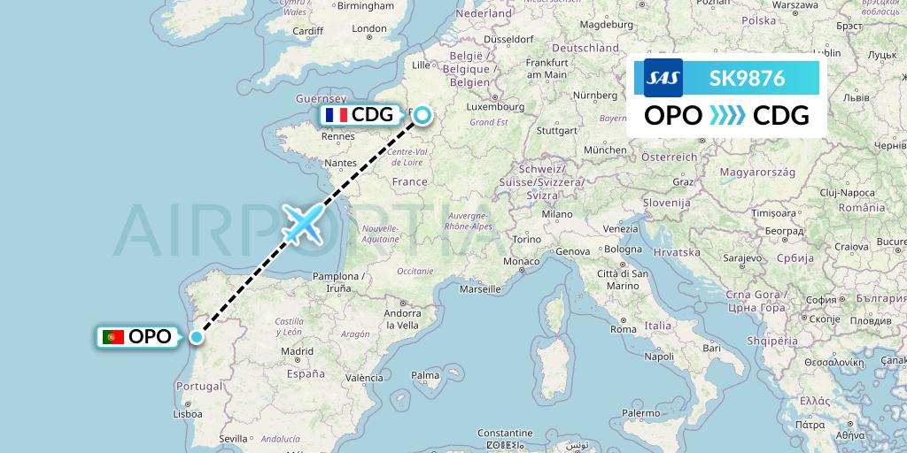 SK9876 SAS Flight Map: Porto to Paris
