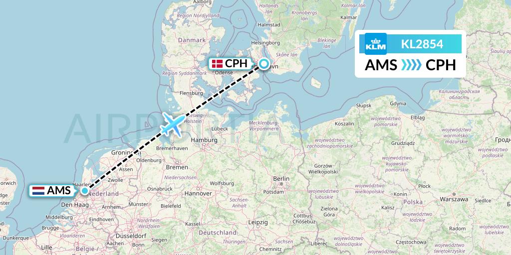 KL2854 KLM Flight Map: Amsterdam to Copenhagen