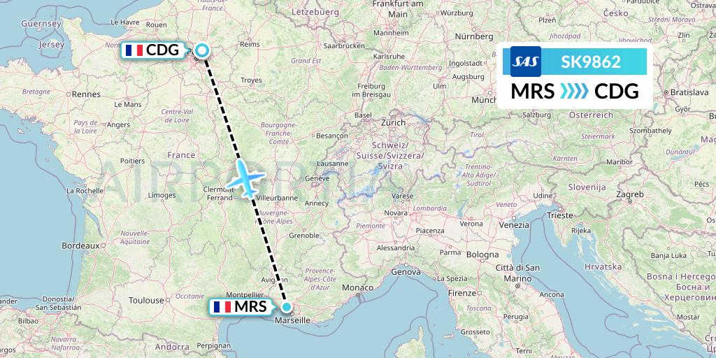 SK9862 SAS Flight Map: Marseille to Paris