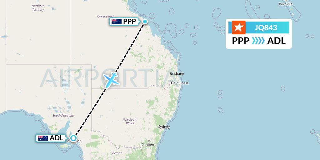 JQ843 Jetstar Airways Flight Map: Proserpine to Adelaide