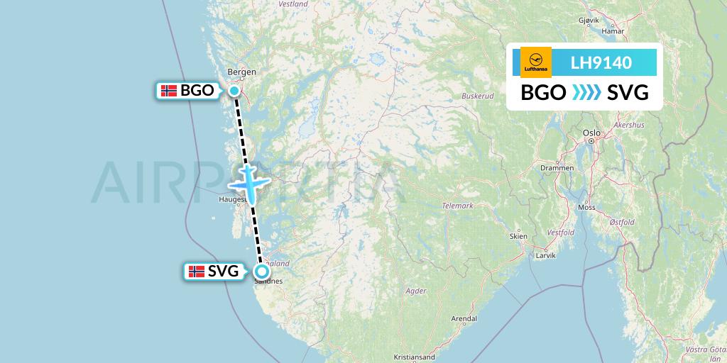 LH9140 Lufthansa Flight Map: Bergen to Stavanger