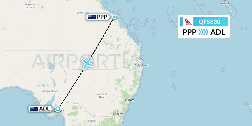QF5830 Qantas Flight Map: Proserpine to Adelaide