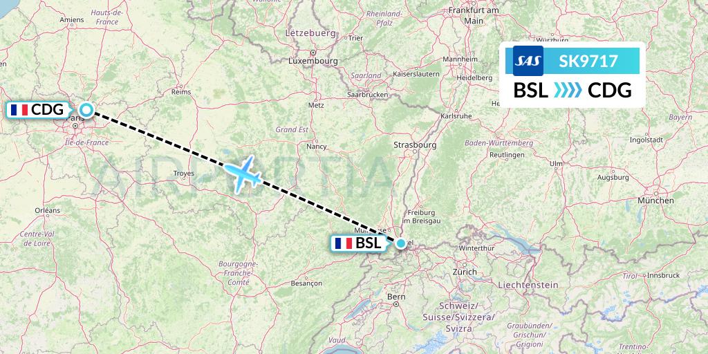 SK9717 SAS Flight Map: Basel to Paris