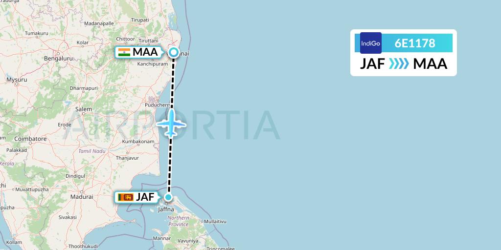 6E1178 IndiGo Airlines Flight Map: Jaffna to Chennai